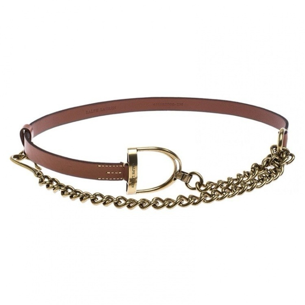 Ralph Lauren Brown Leather Belt with Gold Chain Detail